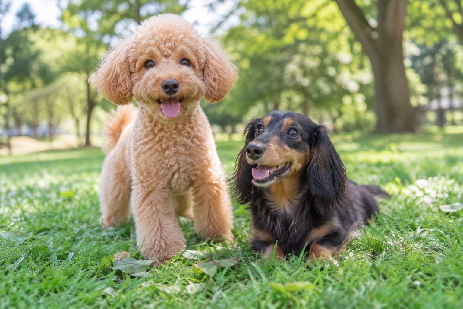 緑の公園で並んで過ごす2匹の犬。イメージ画像