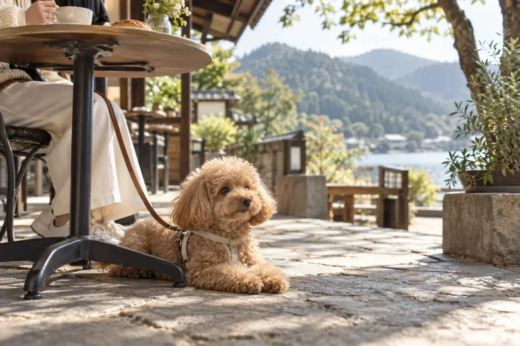 犬同伴カフェのテラスで過ごすイメージ