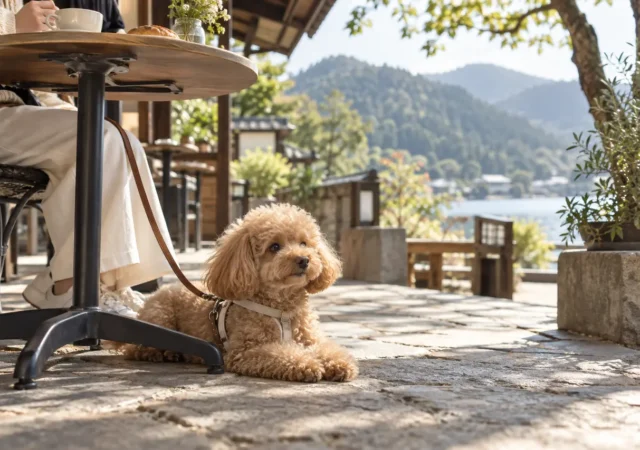 犬同伴カフェのテラスで過ごすイメージ