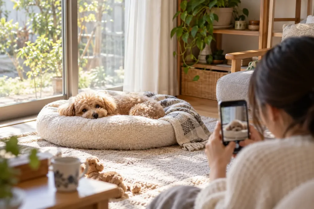 室内で愛犬をスマートフォンで撮影するイメージ