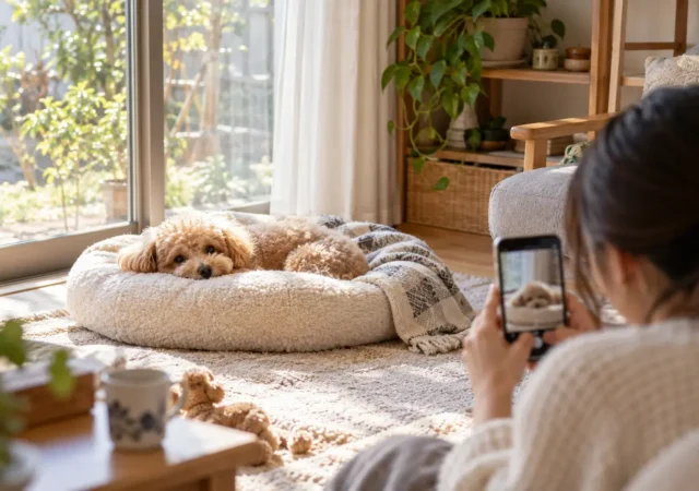 室内で愛犬をスマートフォンで撮影するイメージ