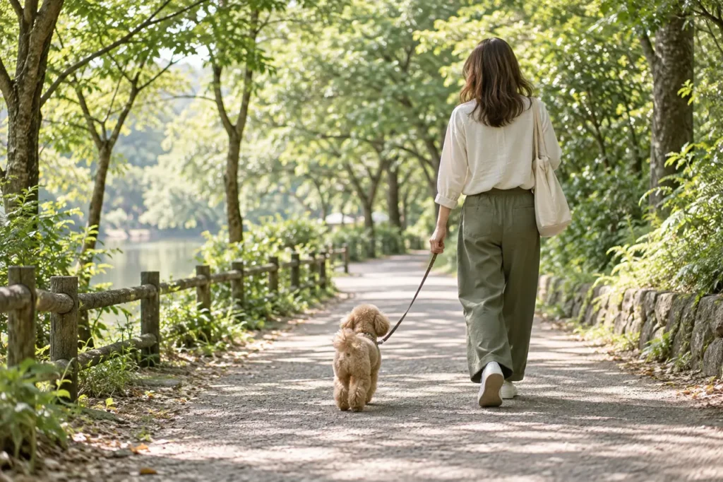緑の散歩道を愛犬と歩くイメージ