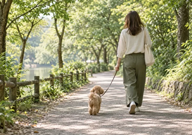 緑の散歩道を愛犬と歩くイメージ